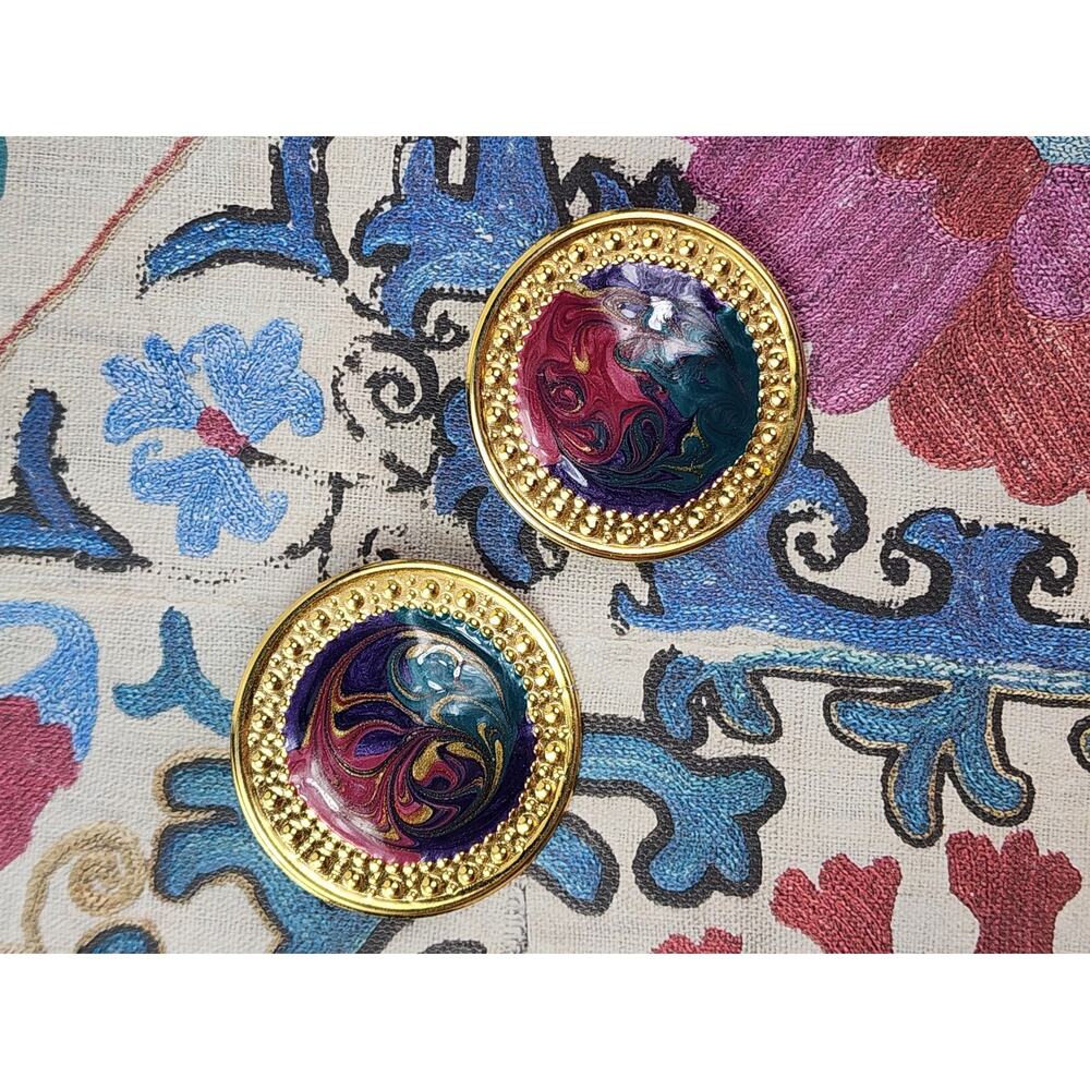80s Womens Large Button Earrings Pierced Gold With Colorful Psychedelic Design